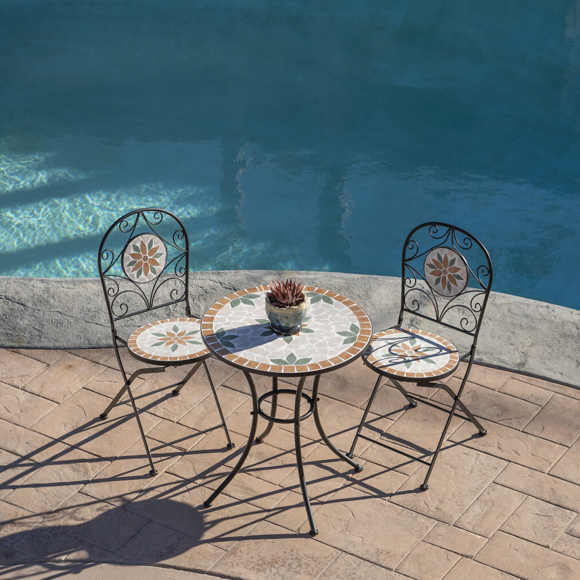 Alpine Corporation, 3-Piece Tan and Beige Mosaic Folding Bistro Set, Pieces (qty.) 3 Primary Color Multi, Seating Capacity 2 Model# JFH918A